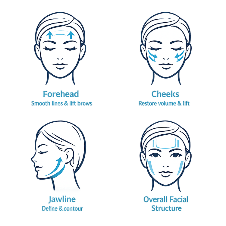 Diagram showing facial treatment areas targeted by Emface and Exion